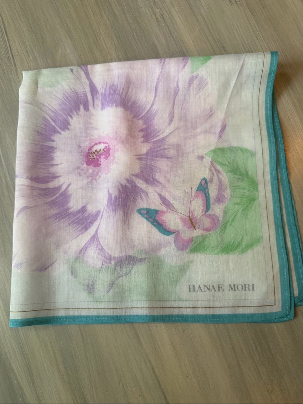 Hanae Mori Floral Butterfly Pastel Purple & Green Scarf Bandana Neckerchief